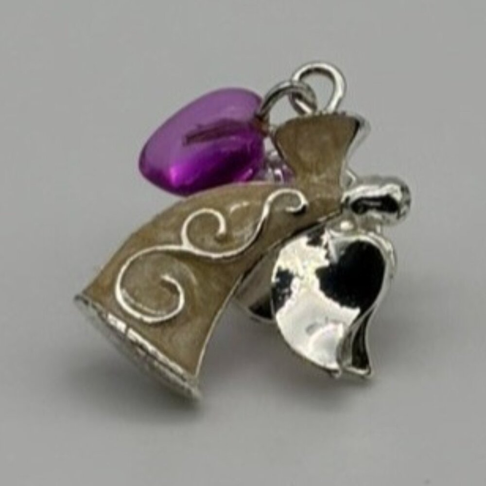 Vintage Avon Lapel Pin, Angel Holding Dangling Purple Heart Silver Tone W/Enamel - Picture 4 of 14